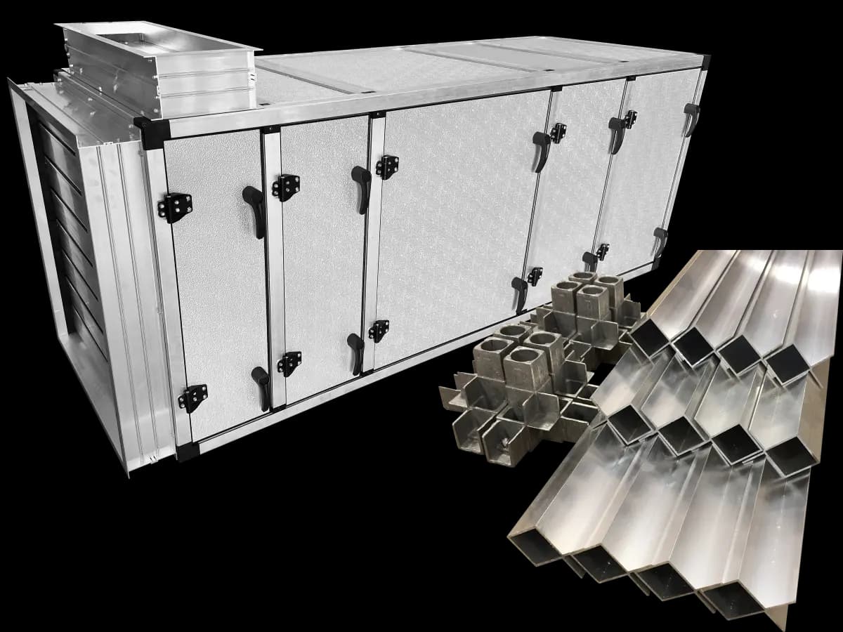 Modular Framing Systems aluminum profiles, die-cast corner connectors and completed HVAC enclosure